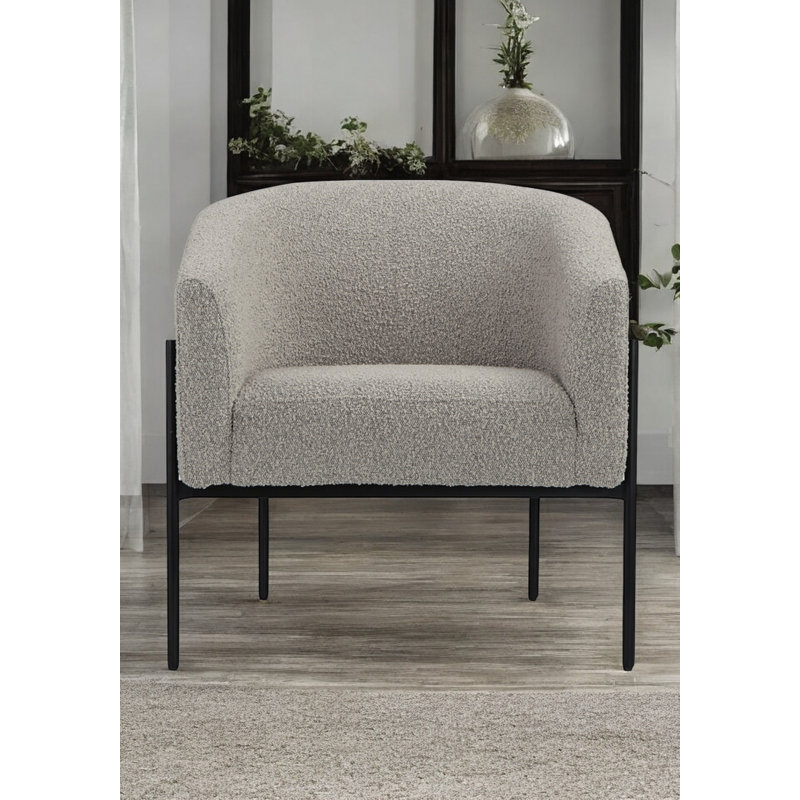 Amanda 29" W Polyester Barrel Chair - Boucle Arm Chair – Modern Accent Lounge Chair in Upholstered White Bouclé with Black Metal Legs - White Arm Chair