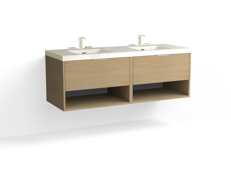 Modo 60" W Wall Mounted Double Bathroom Vanity, Matte White/Single, White Acrylic, Satin Nickel