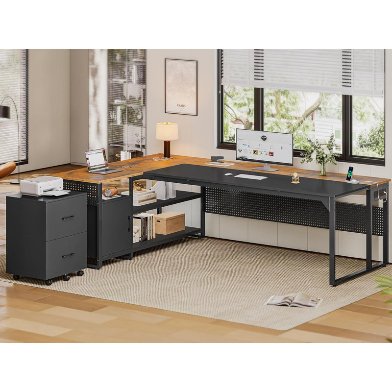Bureau de direction en L 71 po avec classeur mobile et prises de courant, Brun rustique