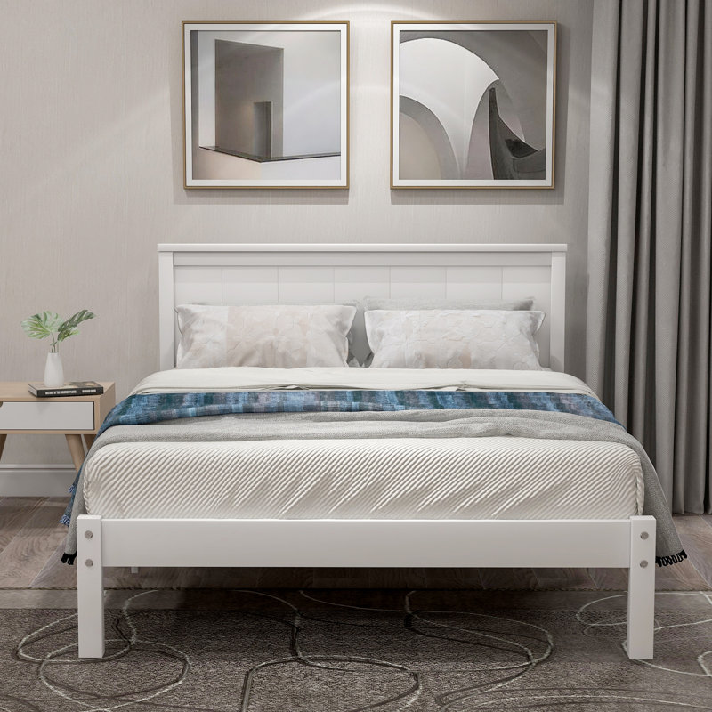 Structure de lit plateforme avec tête de lit, aucun sommier nécessaire, Lit simple, Blanc