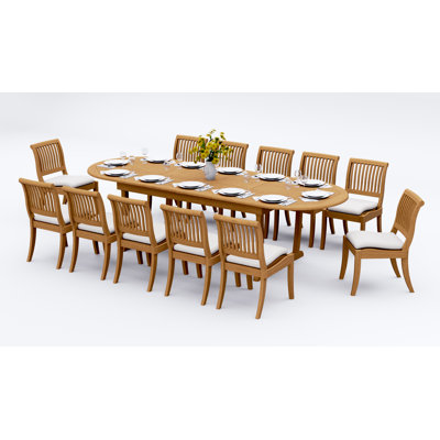 7 Pcs Grade-A Teak Wood Dining Set: 118" Double Extension Mas Oval Trestle Leg Table And 6 Arbor Stacking Armless Chairs #11AB2700