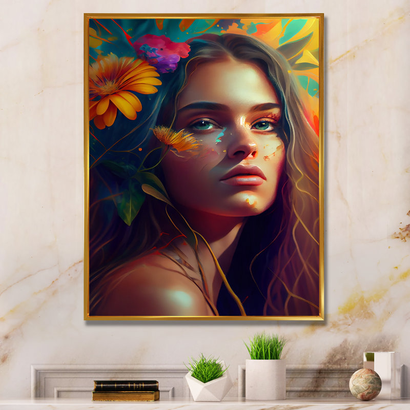 «Colorful Tropical Woman Portrait II», impression sur toile, H 32 po x l 24 po x P 1 po, Toile avec cadre flottant or