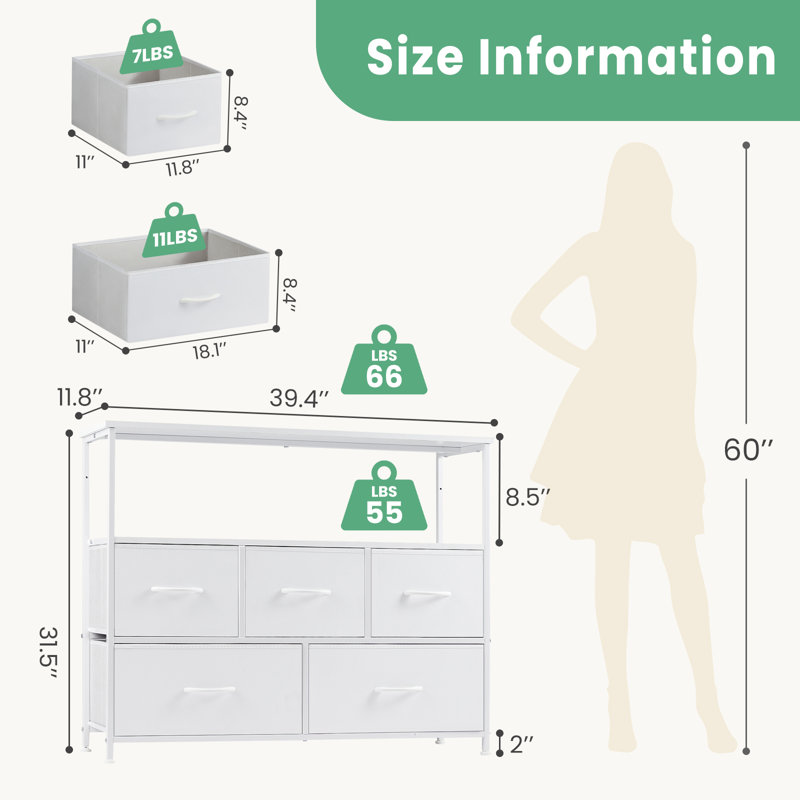 5 - Drawer Dresser With TV Stand (Set of 2）, White
