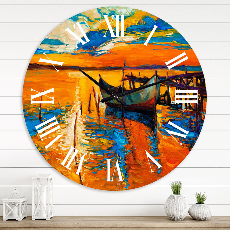 Bateau pendant la soirée, lueur au lac VII - horloge murale nautique et côtière, Grand
