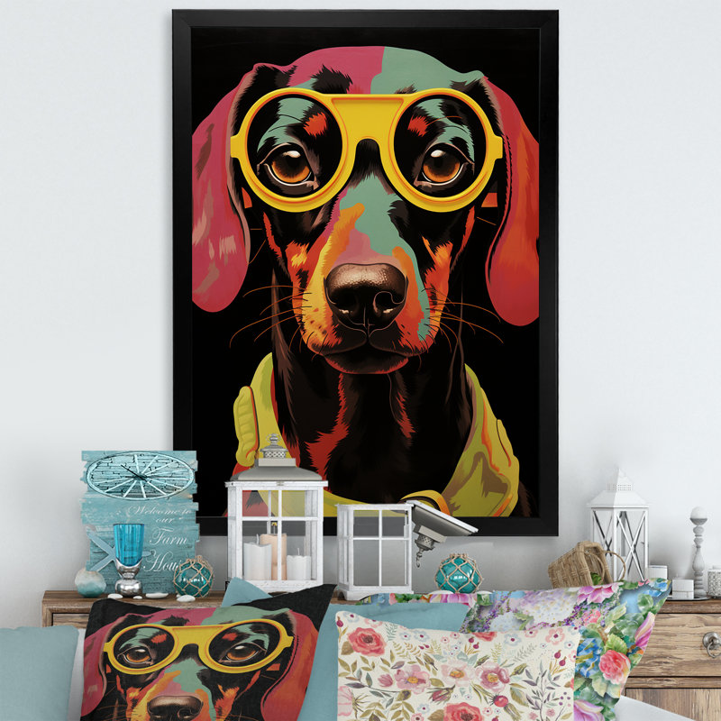 «Curious Popart Daschund Dog I», art mural chien, H 20 po x l 12 po x P 1 po, Cadre simple noir