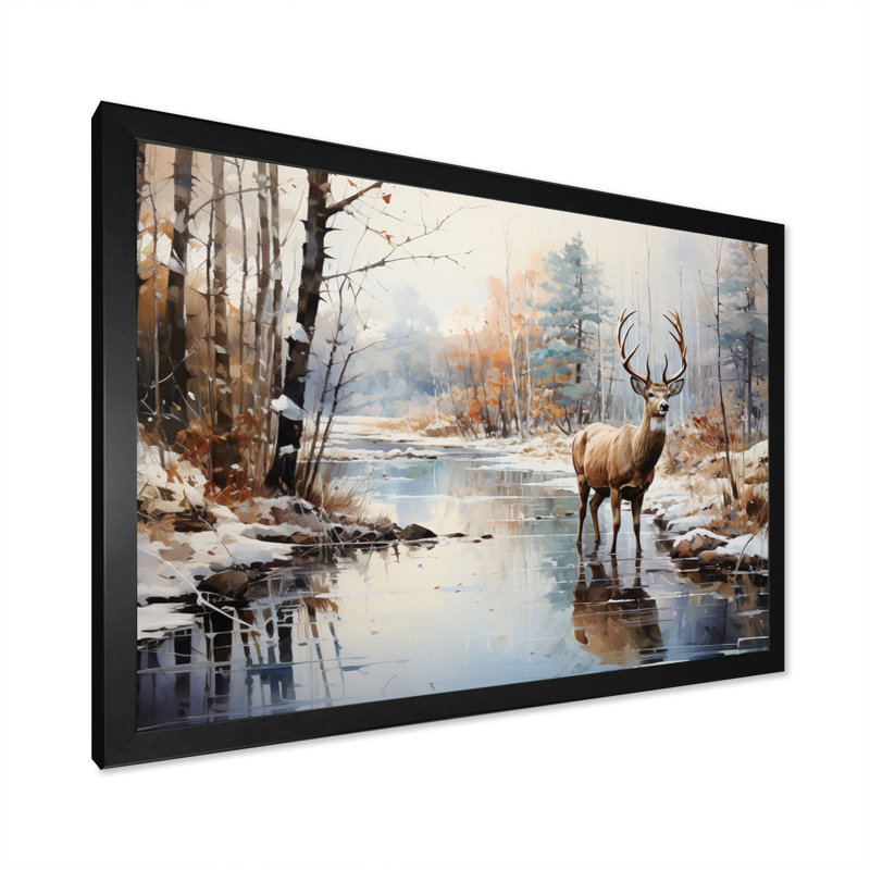 Cerf hiver sérénade - art mural grand cerf, Cadre simple noir, H 30 po x l 40 po x P 1,5 po