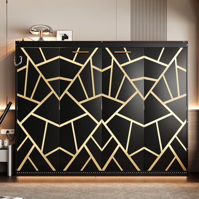 Queen-Size Modern Side-Folding Murphy Bed with Trendy Printed Pattern, LED Lighting & USB Outlet-Black