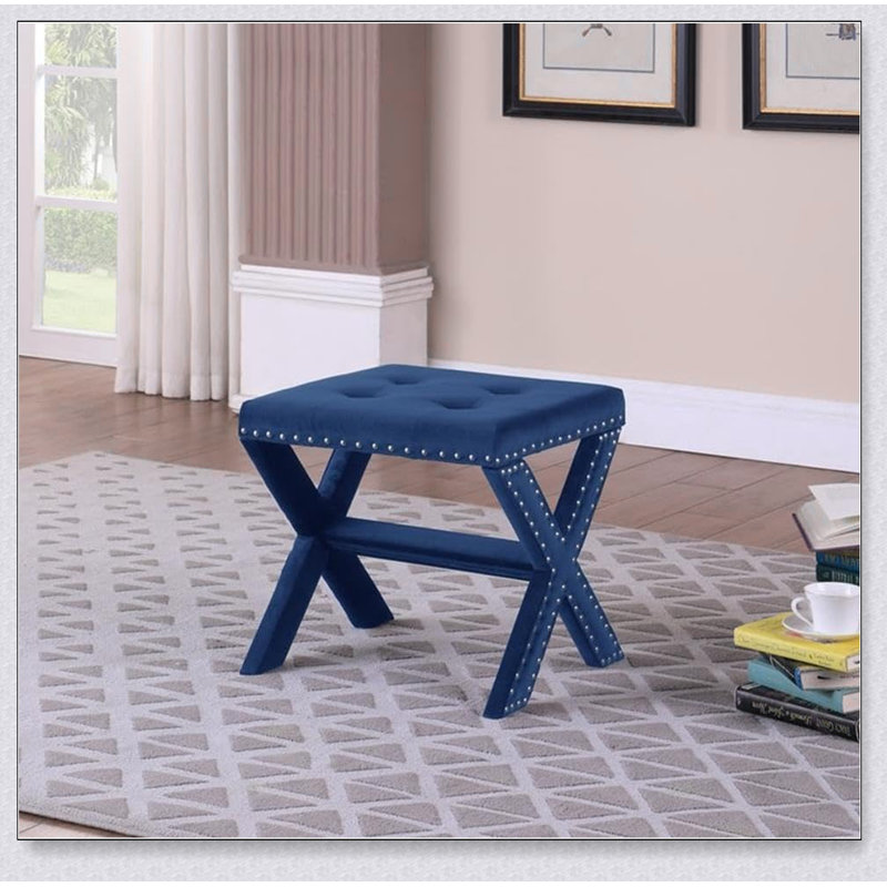 Banc d'appoint rembourré en velours avec garniture cloutée, siège capitonné pour l'entrée et le salon, Bleu