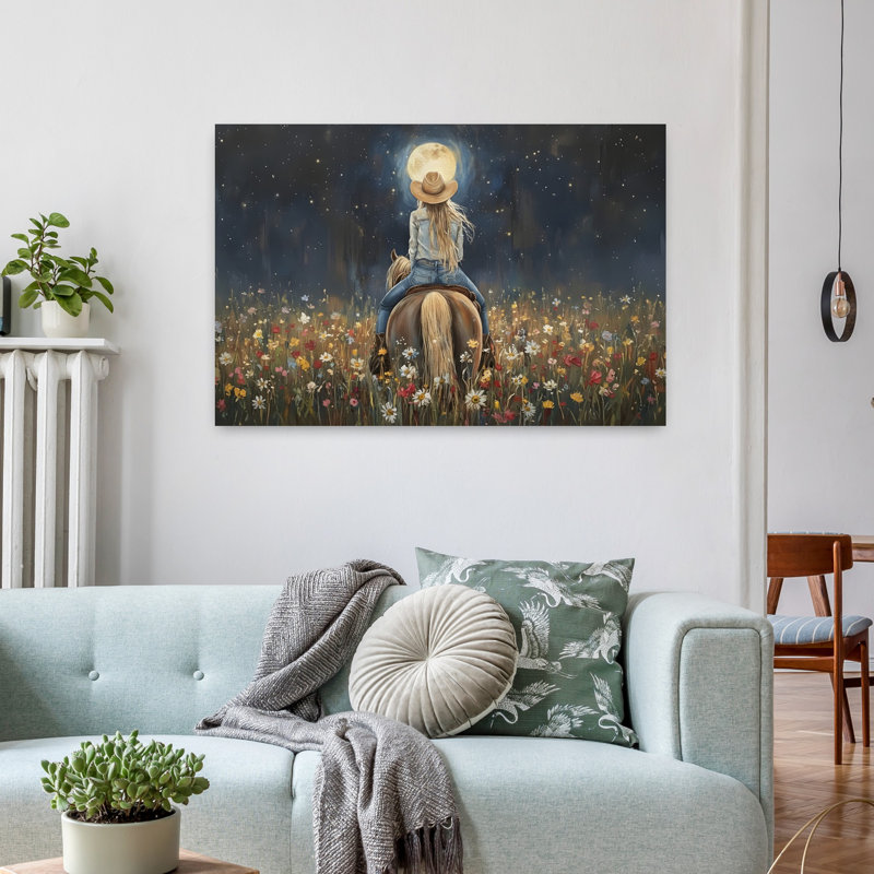«Cowgirl», oiseau abstrait, cerise, cheval, fleur, forêt, art mural, H 36 po x l 24 po