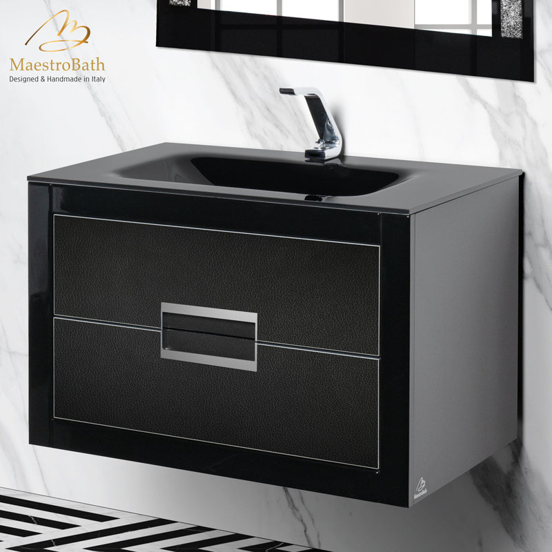 Meuble-lavabo moderne 32 po Danya, plateau en verre intégré, Noir, noir, noir, noir, Argent argent, Noir, noir, noir, noir
