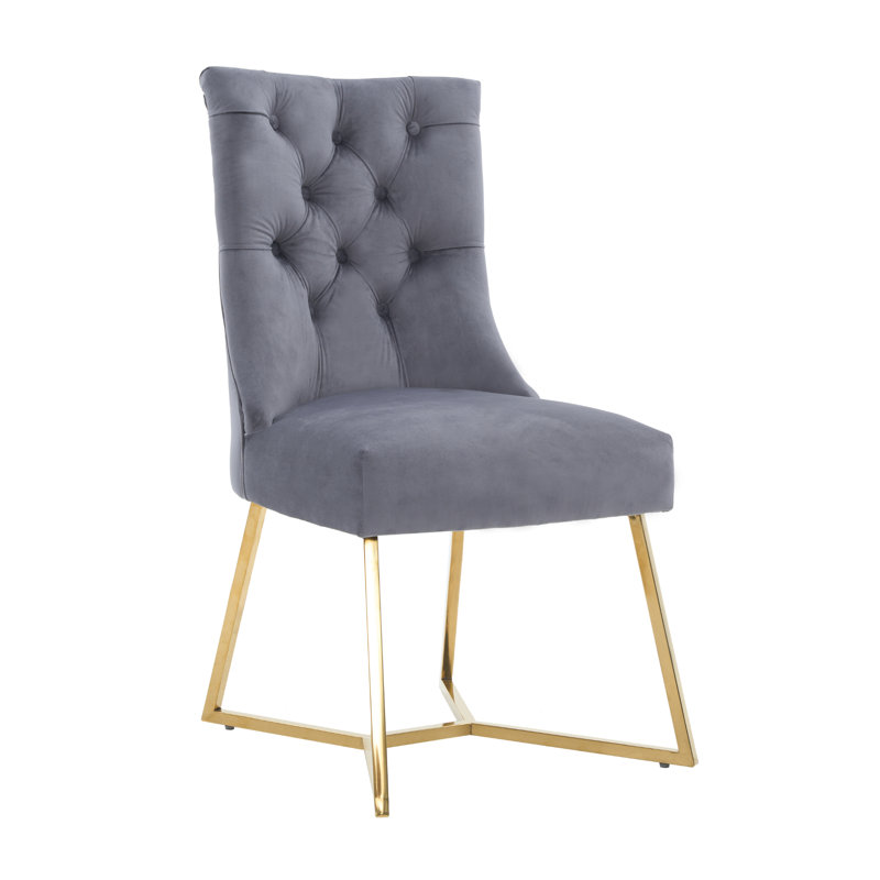 Ambra Modern Velvet Dining Chair With Gold Legs, Ring Handle & Tufted Back, Grey