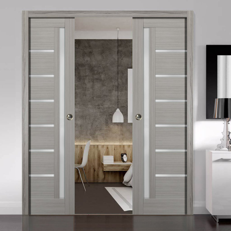 Grey Ash Pine Barn Door with Frosted Glass Panels, 32 x 84 Inches
