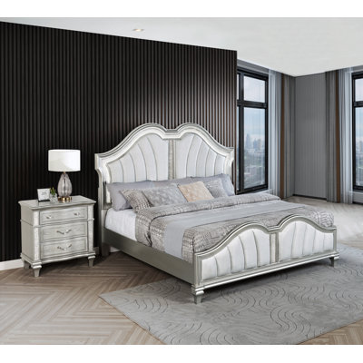 Silver Bedroom Set With LED Lights And Upholstered Headboard