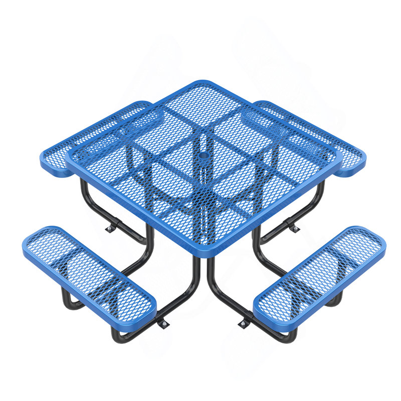 Table de pique-nique carrée bleue de 46 pouces avec trou pour parasol, Bleu et noir