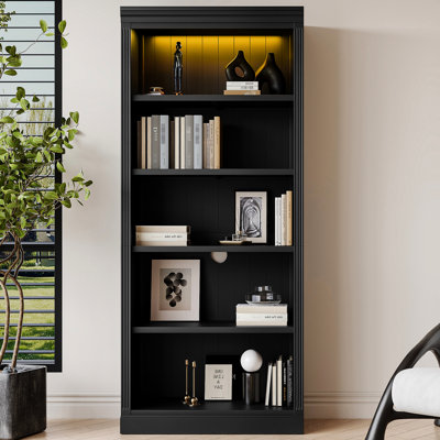 5 Wood Bookcase With Led , 83.4" Tall Adjustable Shelves For Books//Movies, Black Storage Bedroom/Relax Area /Books/Movies, Office/Lounge