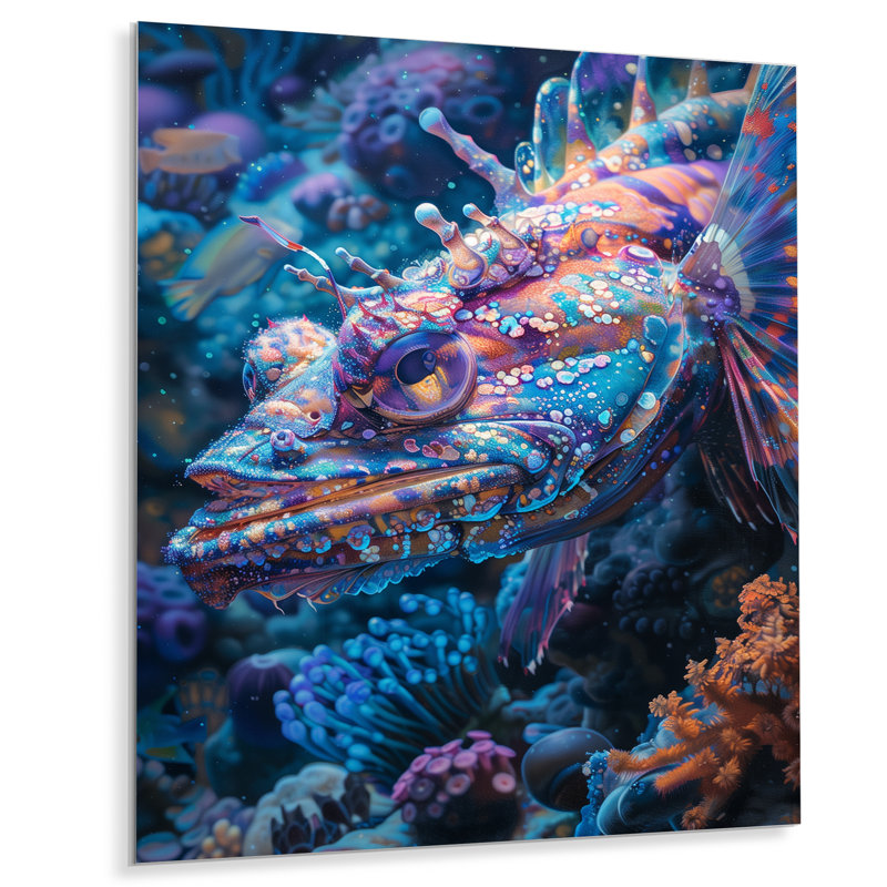 Créatures marines bleues abysse rougeoyante - créatures marines, Métal métal, H 32 po x l 24 po