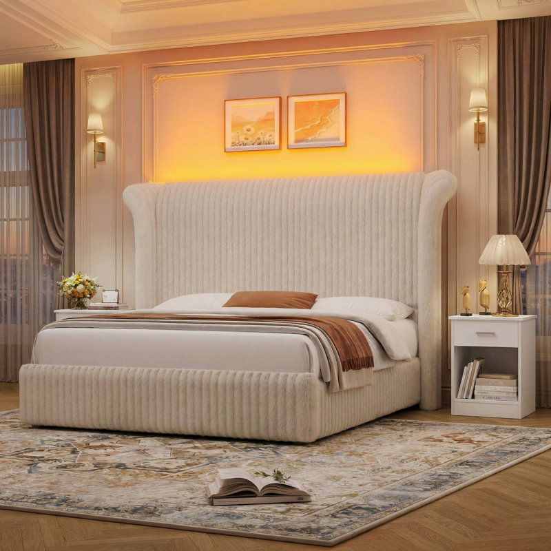 3-piece Bedroom Set, Upholstered Bed Frame With 55" Tall Headboard and 2 Nightstands with Drawers, Beige, Queen