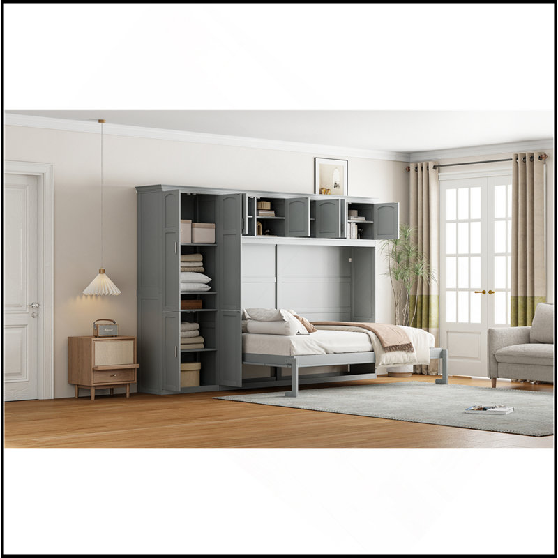 Grand lit escamotable mural avec armoires, Gris