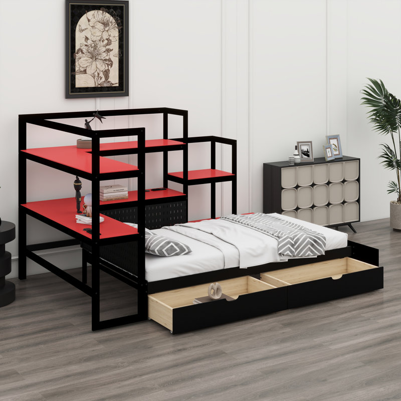 Modern Gaming Daybed with Integrated LED Lighting, Built-in Charging Station & Storage Drawers, Black+Red