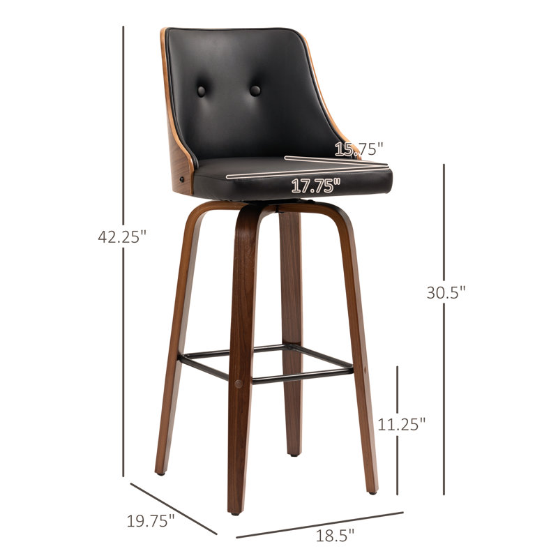 HOMCOM Bar Height Bar Stools, PU Leather Swivel Barstools with Footrest and Tufted Back, Set of 2, Black