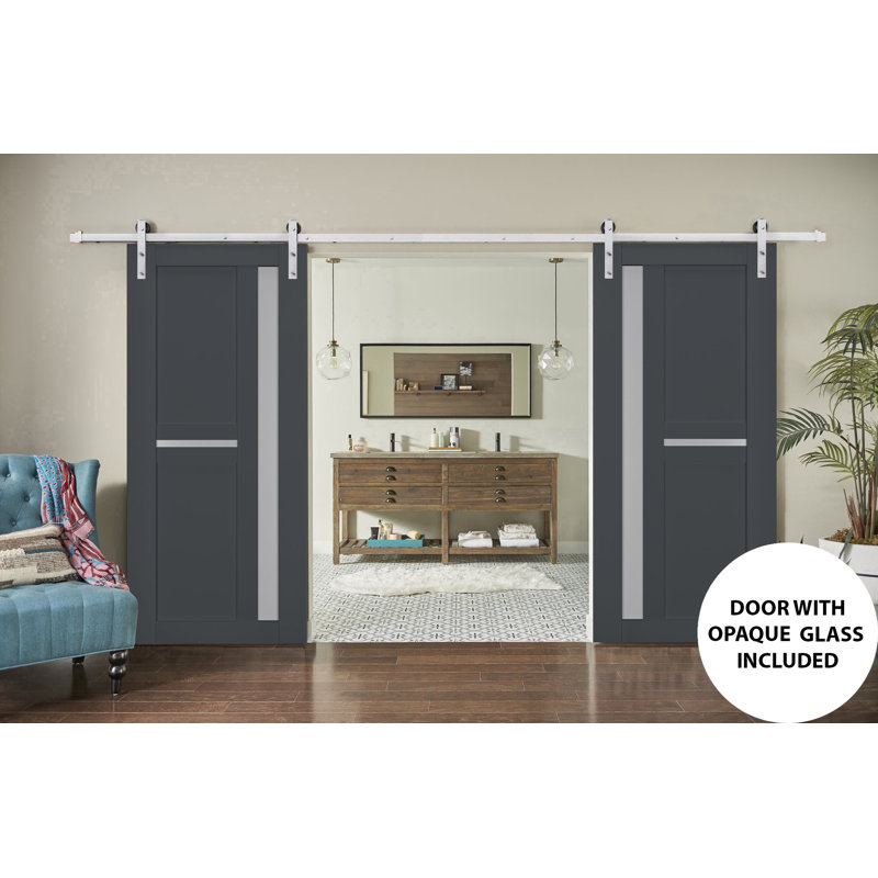 Porte de grange double robuste avec verre dépoli Veregio 7288 Anthracite, supports de rail de 13 pi, portes intérieures à panneaux pleins et lourds - 48 po x 84 po (2 x 24 po x 84 po) - Rail argenté