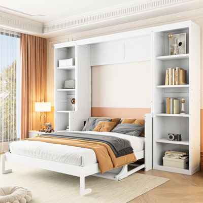 Lit double avec bureau et bibliothèque, blanc - bibliothèque compacte et efficace