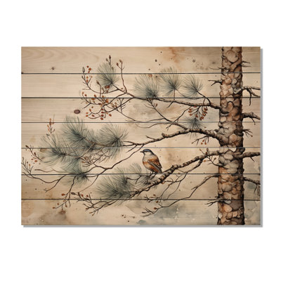 Oiseau sur pin II sur bois