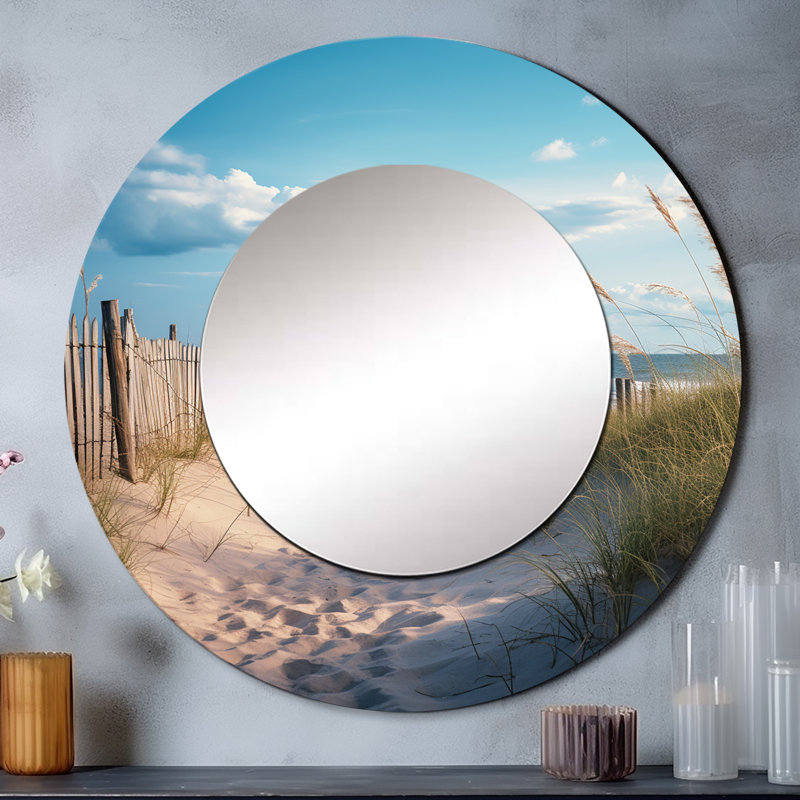 Path To The Beach IV - miroir mural décoratif sable de plage, miroir rond côtier, reproduction d'art en métal, 29 po x 29 po