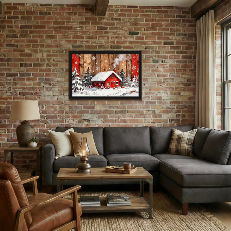 Noël, cabane rouge, arbres enneigés, scène d'hiver, décor de Noël, H 12 po x l 18 po