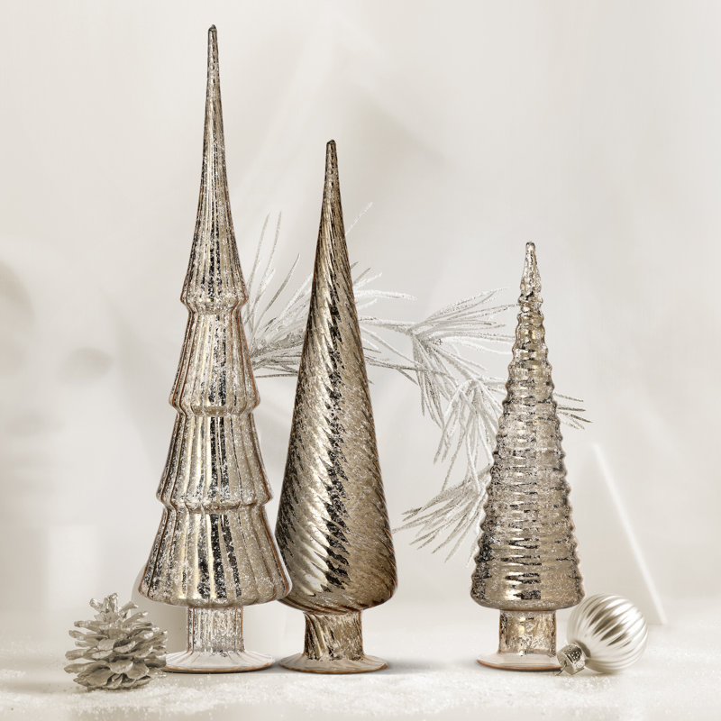 Glyndia 12/15/18" Mercury Glass Tree Trio Set of 3, Champagne