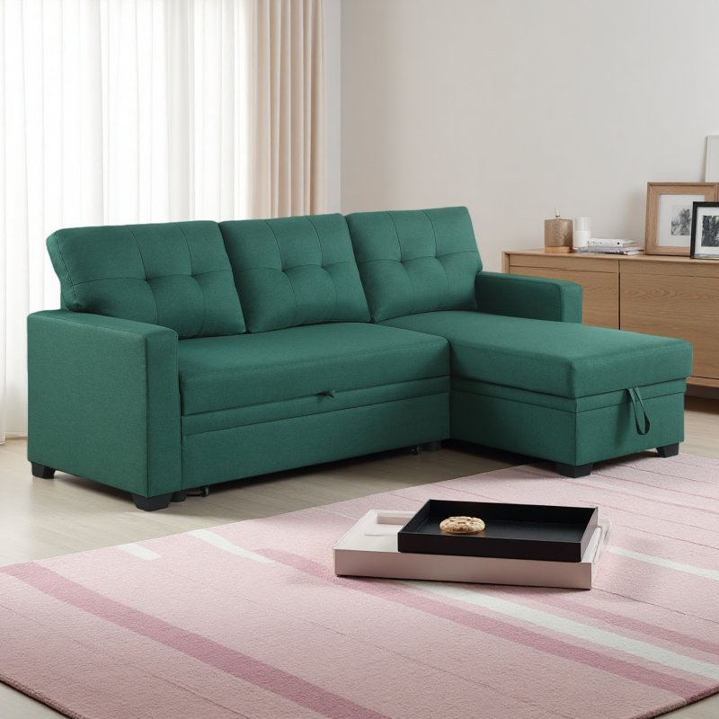 Canapé modulaire convertible rembourré avec méridienne coulissante, Lin vert