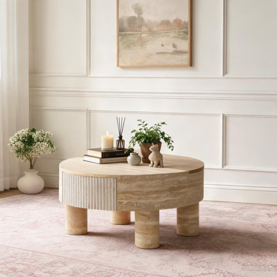 31.5-inch Round MDF Coffee Table with Yellow Finish, Lift-Top and Hidden Storage, Modern Compact Design for Small Spaces