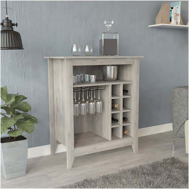 Armoire de bar Essential, une tablette ouverte, six supports à vin intégrés, un tiroir - gris clair, Gris