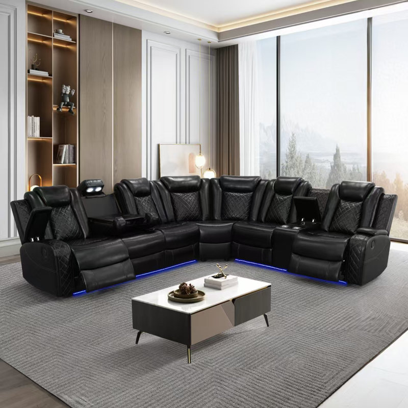 Ensemble de canapé inclinable en cuir 3 pièces avec éclairage DEL, chargeur sans fil et accoudoirs de rangement Magean