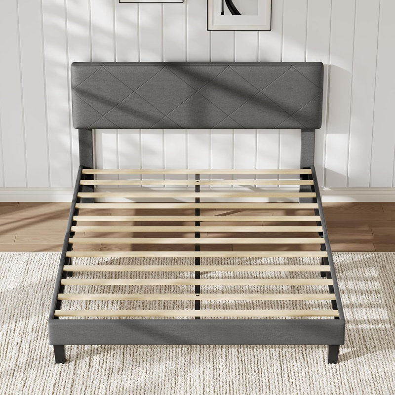 Structure de lit plateforme avec tête de lit tapissier, support à lattes en bois, assemblage facile, aucun sommier tapissier requis et sans bruit
