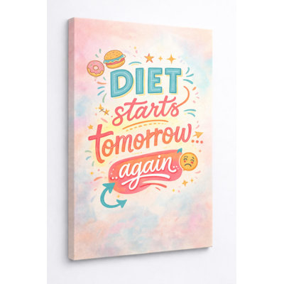 Régime alimentaire commence l'art de toile de demain, affiche drôle de citation de perte de poids, impression typographique colorée pour la cuisine, la salle de gym ou la chambre à coucher, impression sur toile 16 x 24 pouces - prête à être accrochée