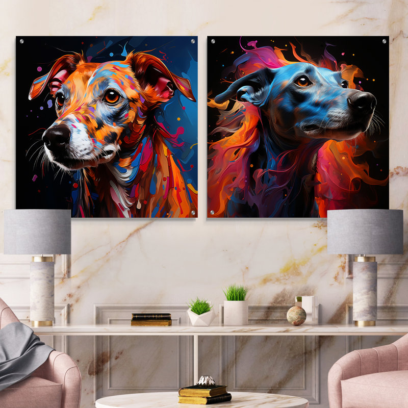 «Playfull Dog Whippet Popart», ensemble de 2 peintures murales en acrylique, H 36 po x l 73 po