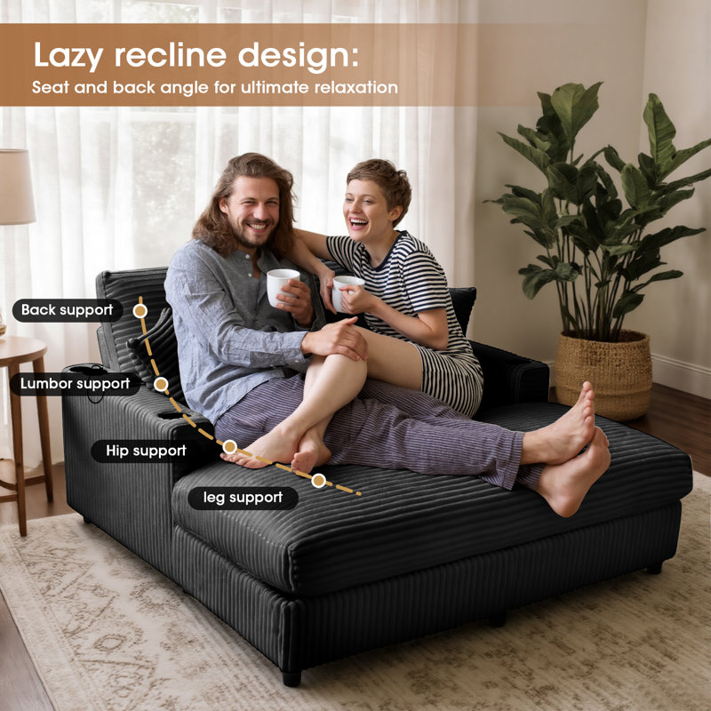 60" Corduroy Sleep Sofa Chair with USB Ports & Cup Holders, Black