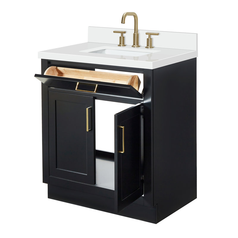 Meuble-lavabo simple 30 po en bois massif avec plateau en quartz 1,5 po Thornaby, Forme rectangulaire, Noir / laiton satiné
