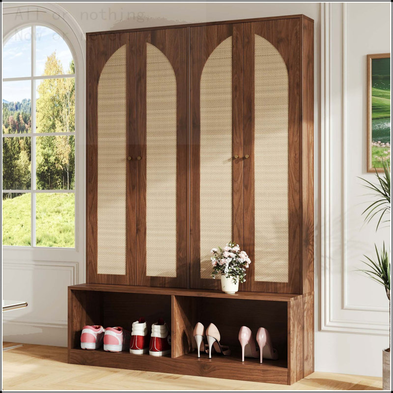 Rattan Hall Tree with 6 Hooks and Adjustable Shelves, Walnut
