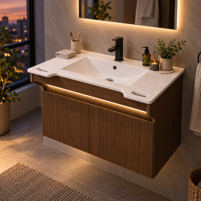 Meuble-lavabo mural en résine 32 po avec lumière à détecteur de mouvement, poignées latérales et conception ADA-compatible