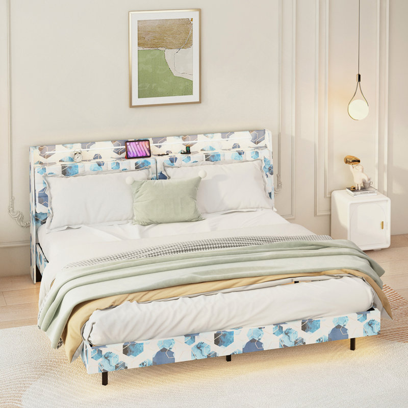 Lit moderne, cadre de lit flottant avec lumière DEL et base de lit tapissier avec tête de lit et espace de rangement caché, aucun sommier nécessaire