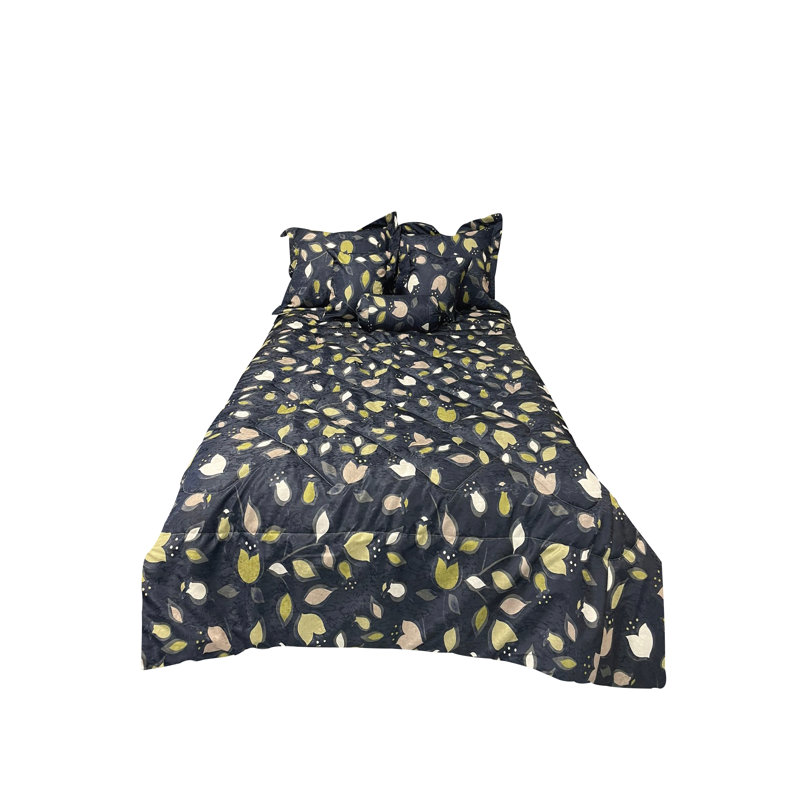 Ensemble d'édredon réversible en mélange de coton noir, Édredon grand + 2 taies décoratives standard + 3
