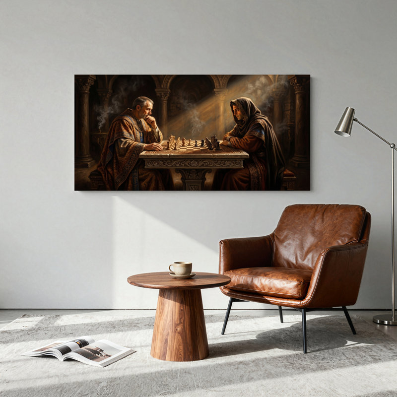 Ensemble de 1 tableau sur toile représentant un jeu d'échecs, L 58 po x H 28 po, Toile tendue