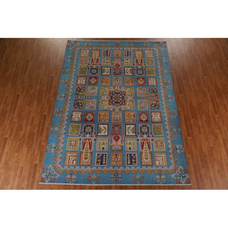 Tapis unique en laine noué à la main 8 pi 4 po x 11 pi 7 po nouvel âge en bleu / brun / rouge