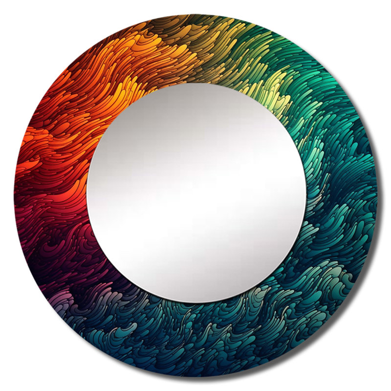 Raheesh Exploring The Depths Of Orange Marble I - Geometric Unique Mirror, Modern Large Round Wall Mirror, Printed Metal Art