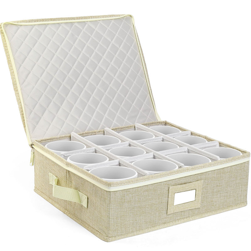 Boîte de rangement pour tasses et tasses Lotfancy, contenant de tasses à café avec séparateurs et poignées, beige