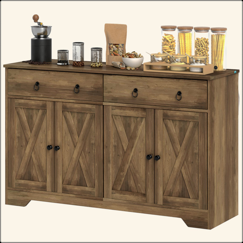 Buffet de cuisine avec portes de style grange, tiroirs et tablettes réglables, Marron clair