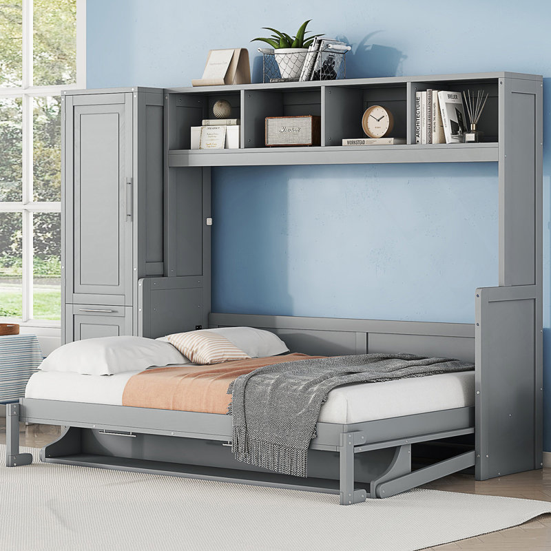 Lit escamotable Murphy avec placard et tiroirs, gris, Grand