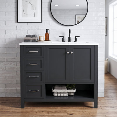 Meuble-lavabo sur pied 36 po en bois massif + panneau de fibres à densité moyenne avec lavabo intégré en céramique, meuble-lavabo noir avec 2 portes et tiroirs à fermeture en douceur, poignées et tablette ouverte